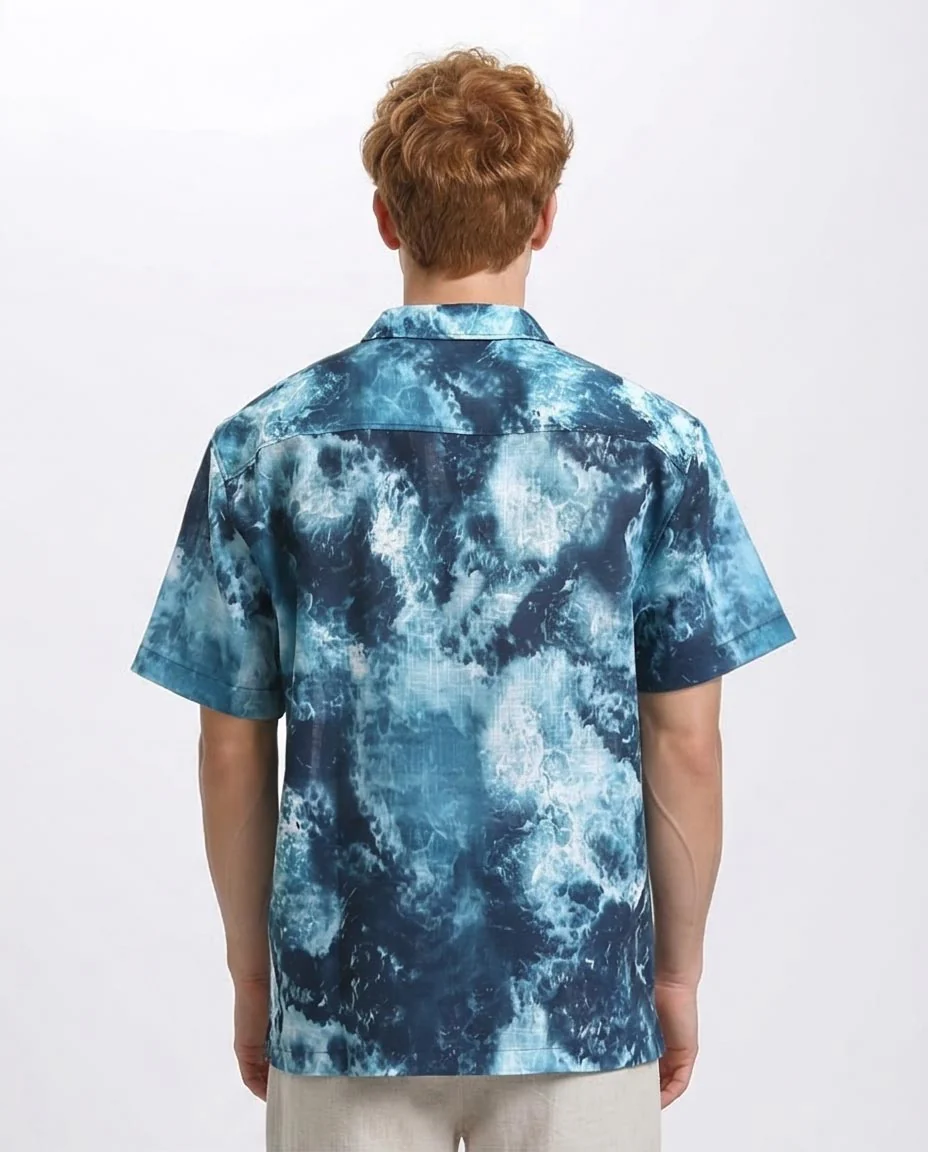 Ravin | Men's Ocean Wave Print Relaxed Camp Collar Shirt - Teal & White - R204705 - Image 2