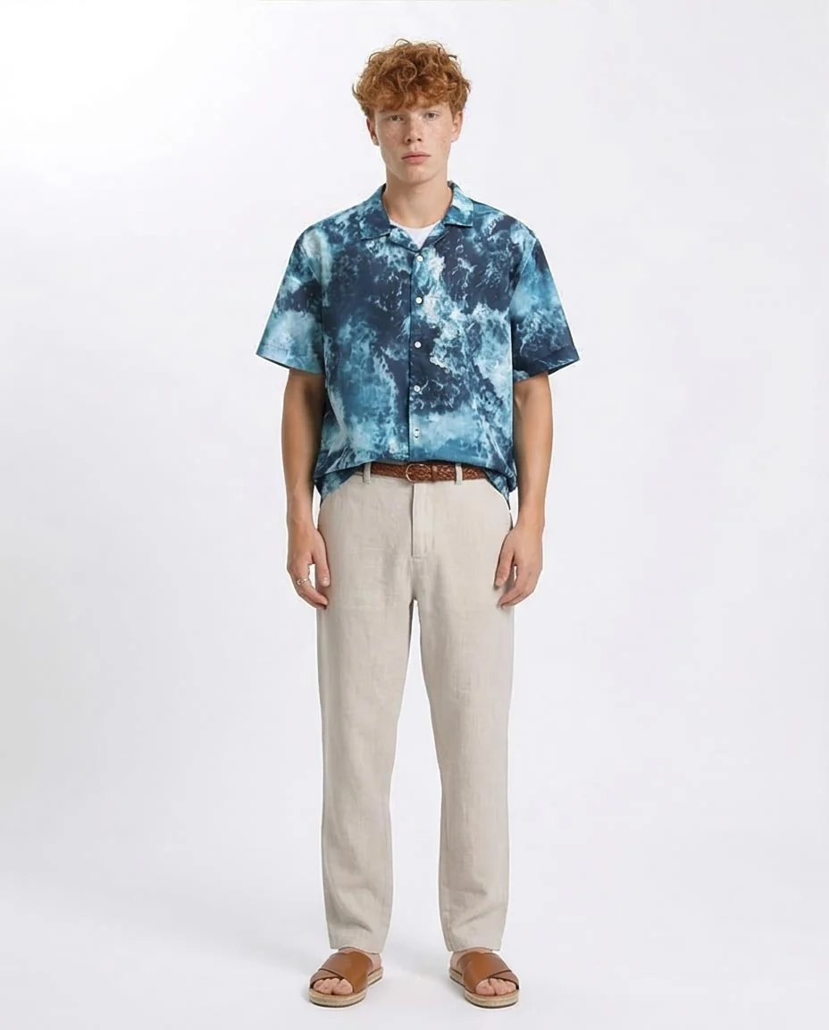 Ravin | Men's Ocean Wave Print Relaxed Camp Collar Shirt - Teal & White - R204705 - Image 3