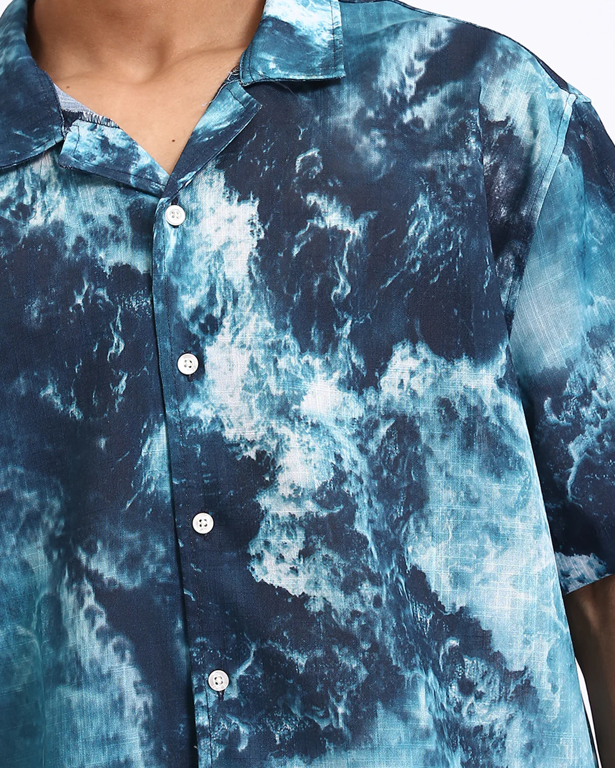 Ravin | Men's Ocean Wave Print Relaxed Camp Collar Shirt - Teal & White - R204705 - Image 4