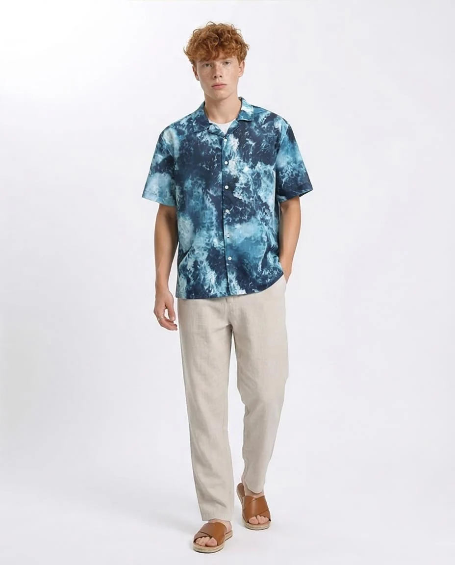 Ravin | Men's Ocean Wave Print Relaxed Camp Collar Shirt - Teal & White - R204705 - Image 5