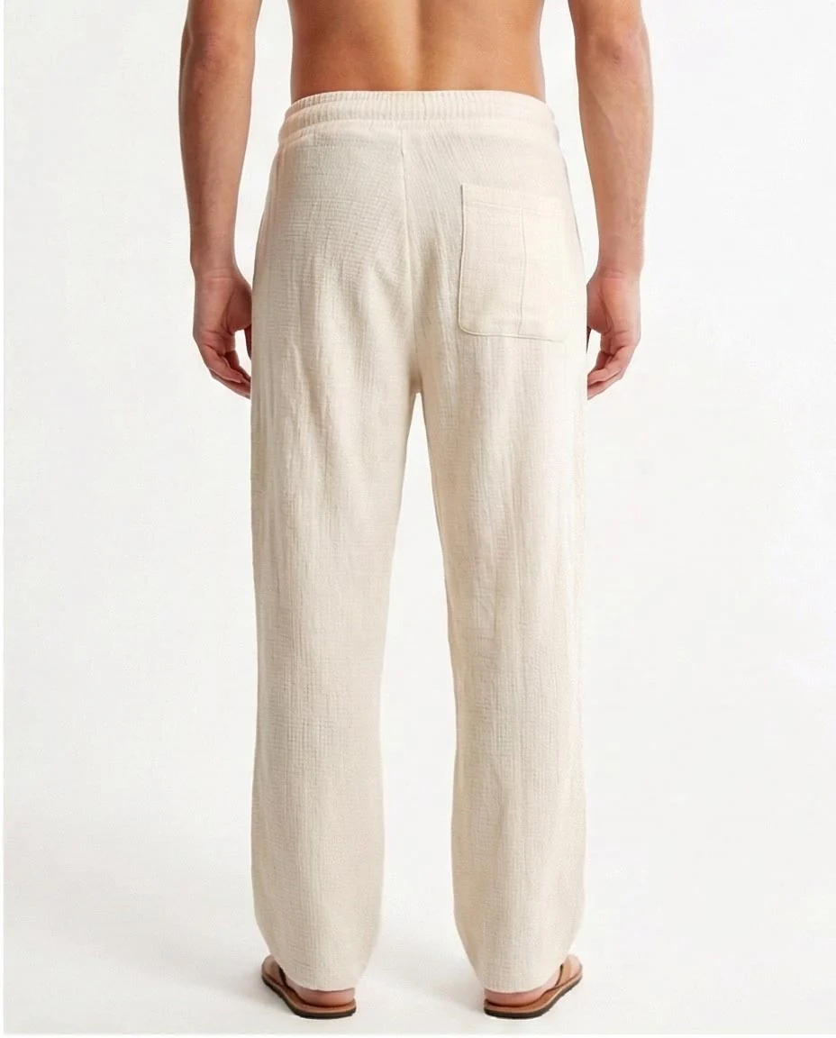 Essential Off-White Textured Linen-Feel Drawstring Trousers - Image 2