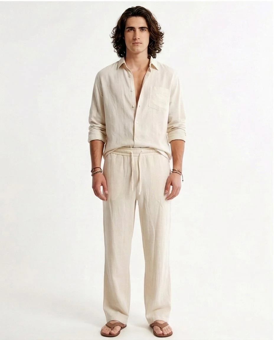Essential Off-White Textured Linen-Feel Drawstring Trousers - Image 3
