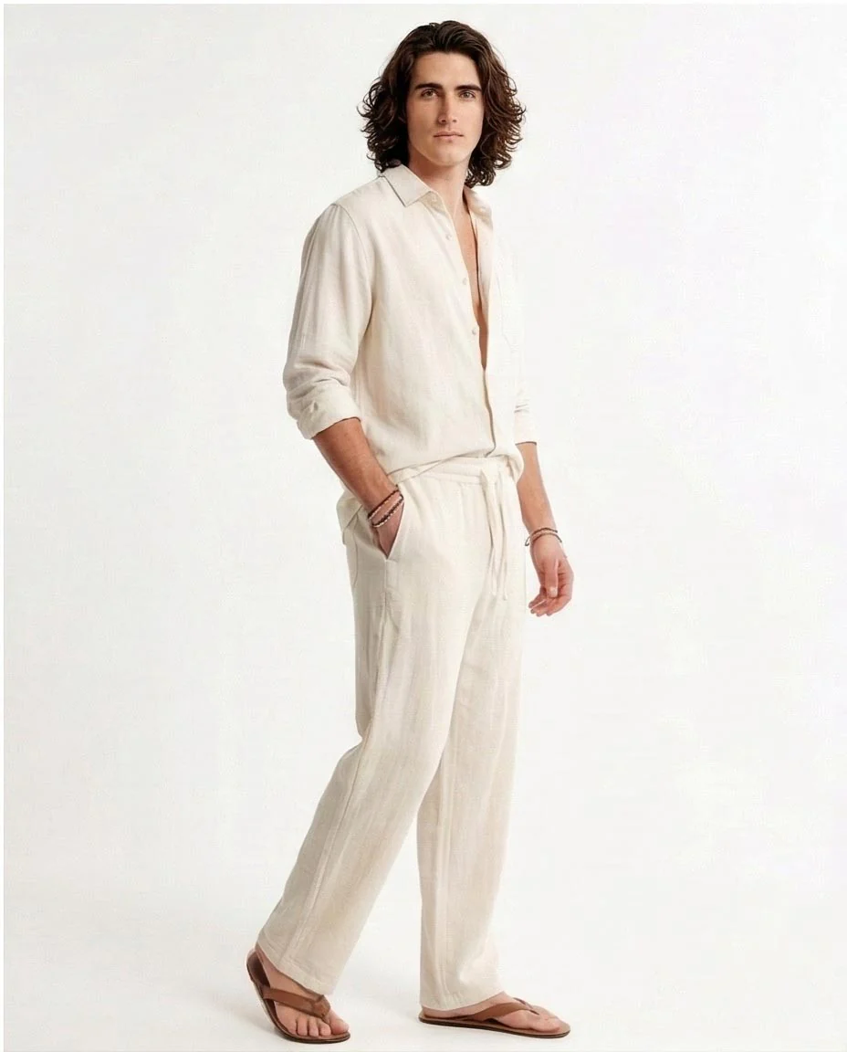 Essential Off-White Textured Linen-Feel Drawstring Trousers - Image 4