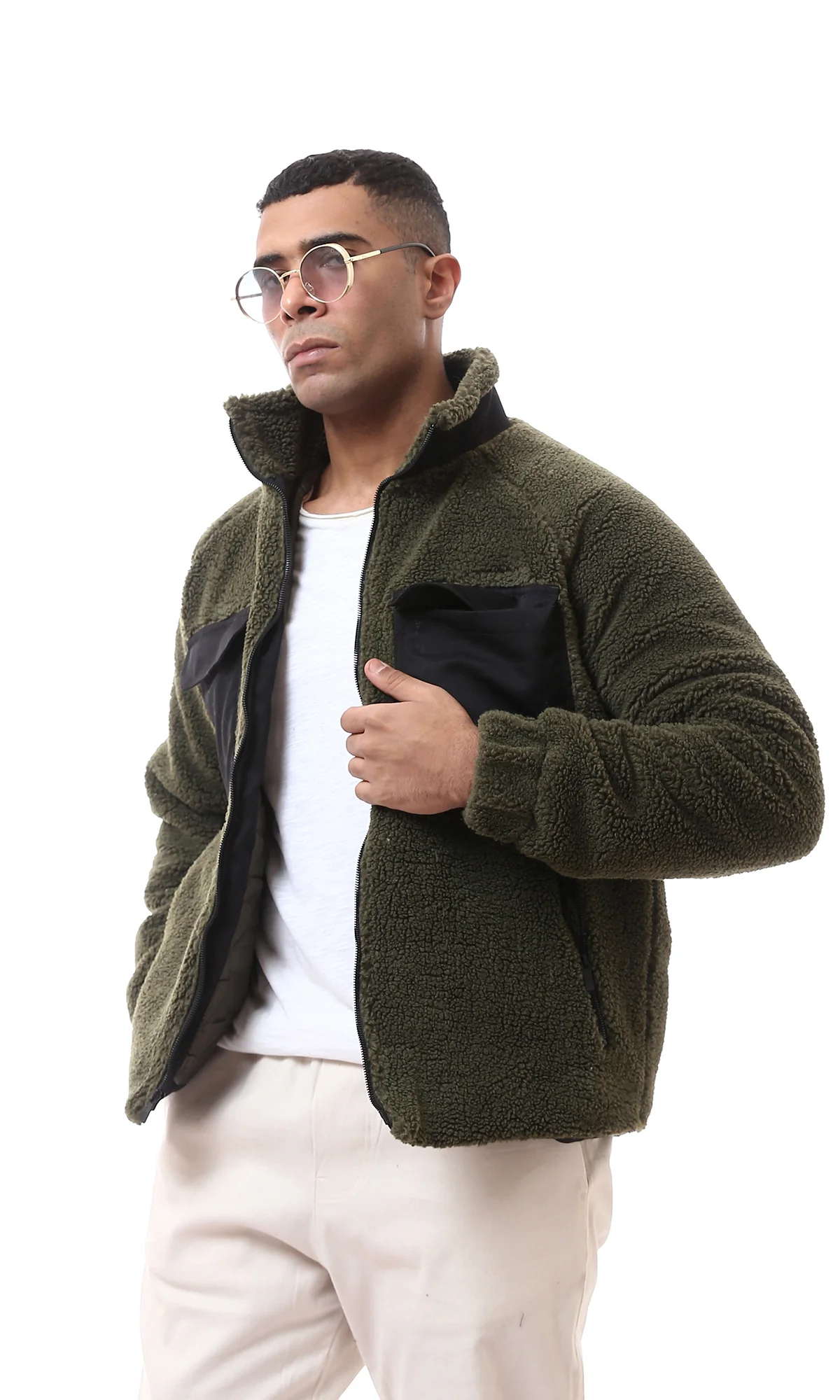 Men's Olive Green Sherpa Fleece Zip-Up Jacket with Contrast Pockets - O174588 - Image 2