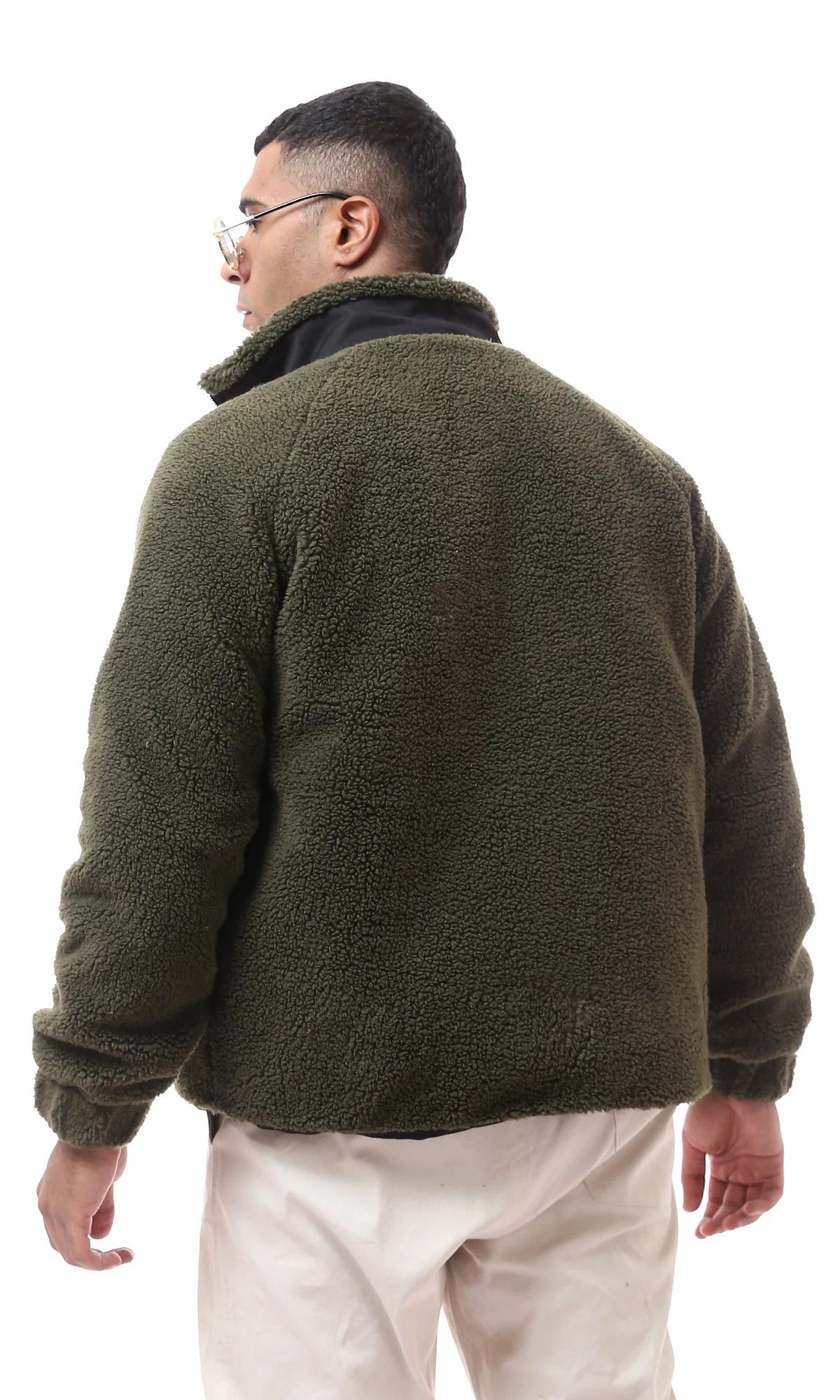 Men's Olive Green Sherpa Fleece Zip-Up Jacket with Contrast Pockets - O174588 - Image 3