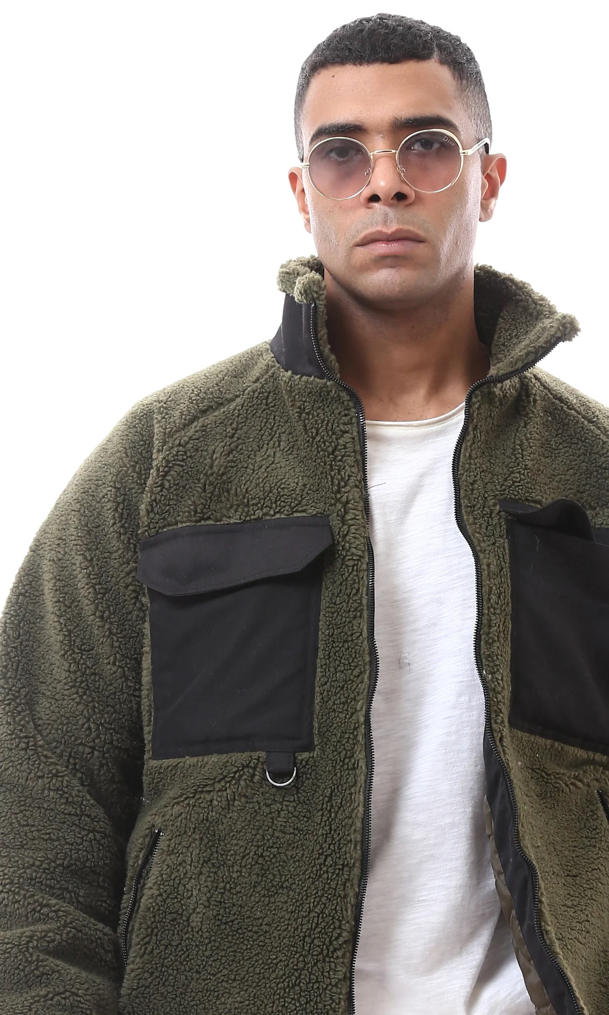 Men's Olive Green Sherpa Fleece Zip-Up Jacket with Contrast Pockets - O174588 - Image 4