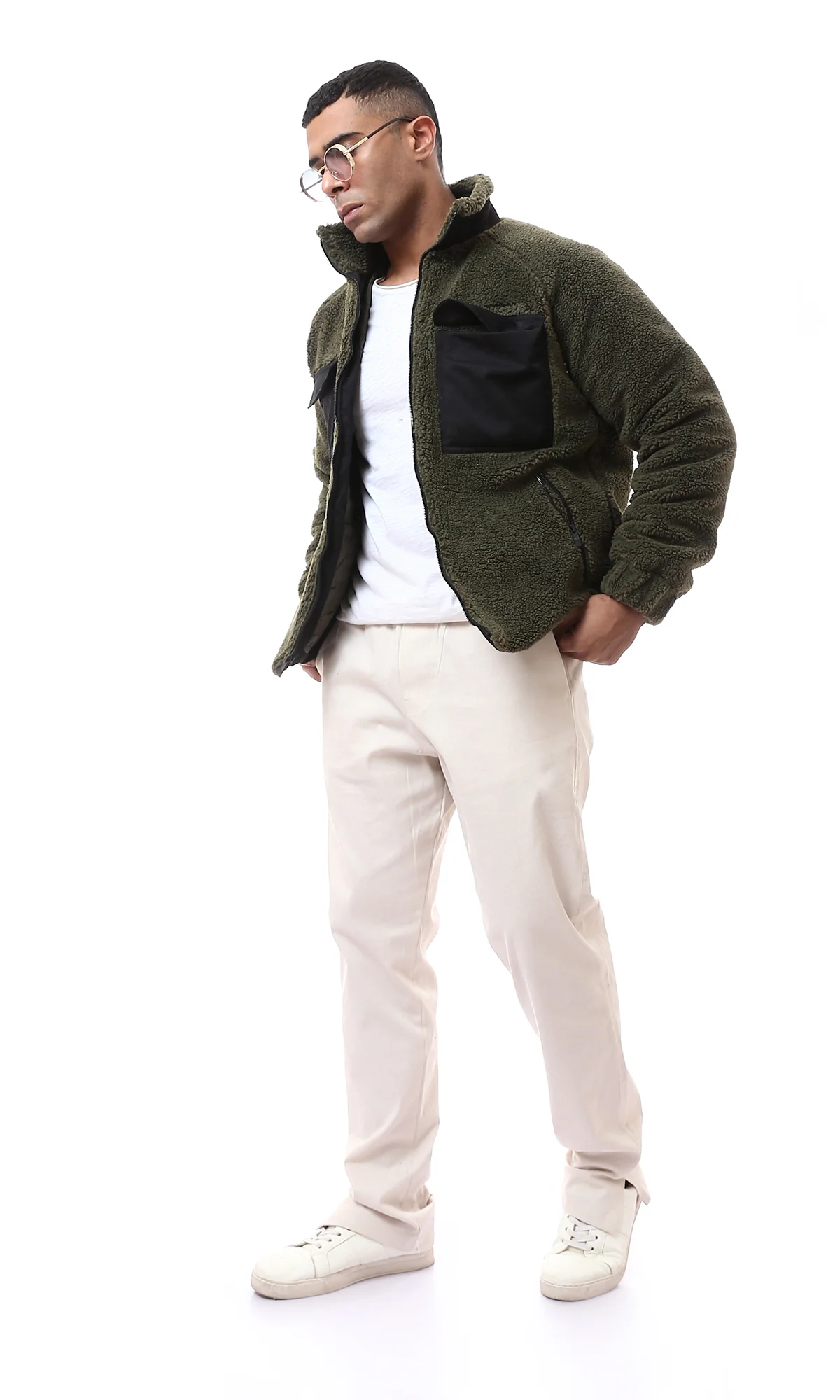 Men's Olive Green Sherpa Fleece Zip-Up Jacket with Contrast Pockets - O174588 - Image 5