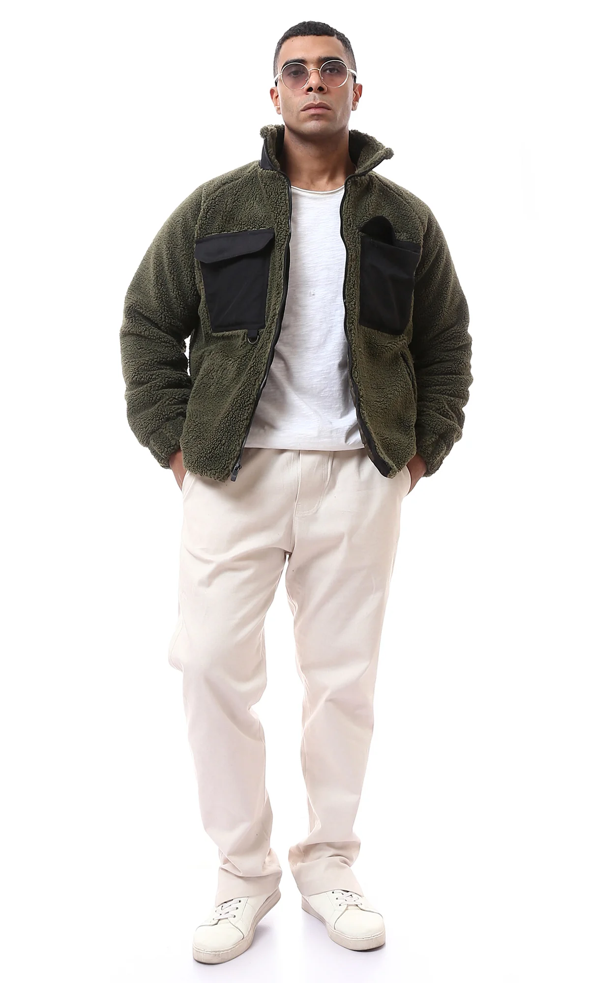 Men's Olive Green Sherpa Fleece Zip-Up Jacket with Contrast Pockets - O174588 - Image 6