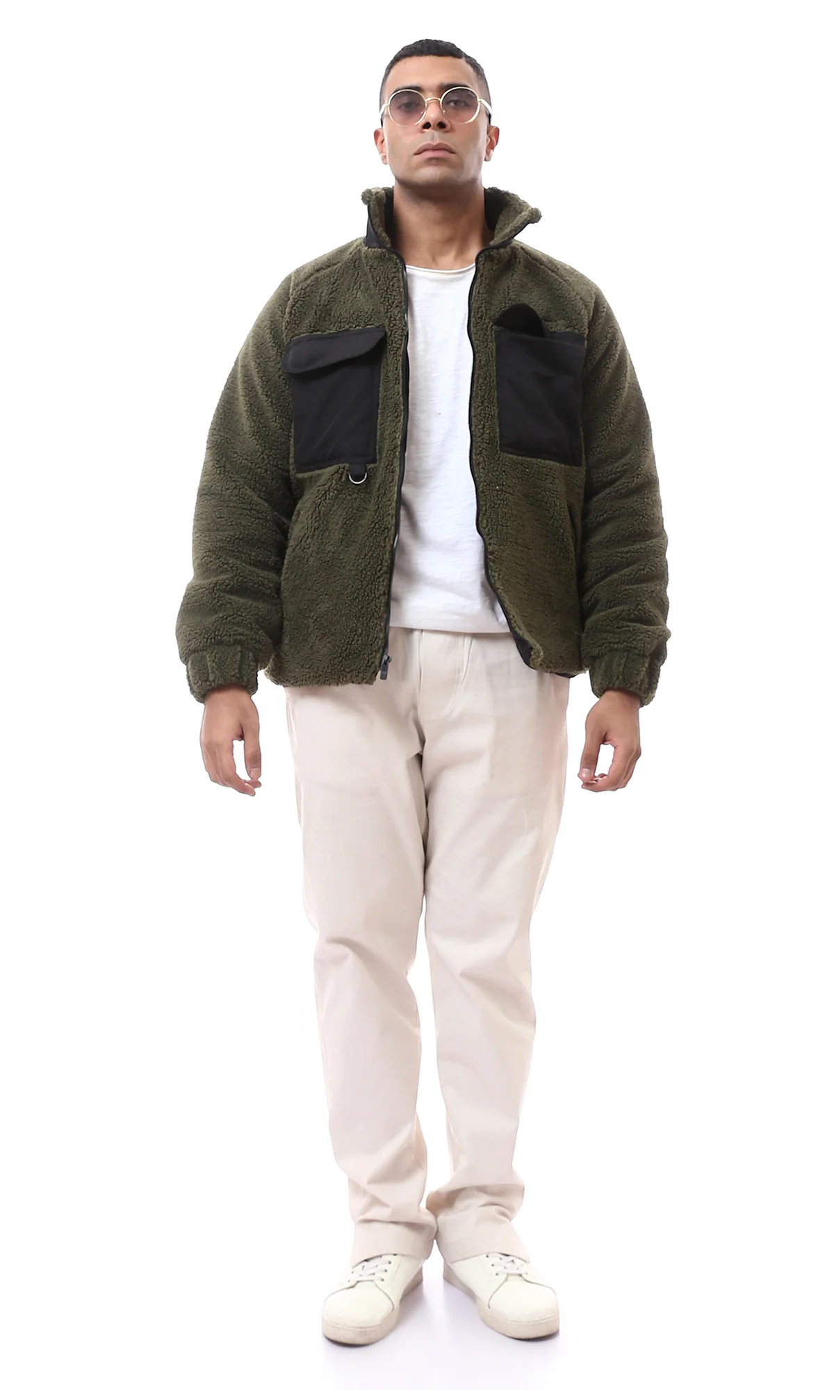 Men's Olive Green Sherpa Fleece Zip-Up Jacket with Contrast Pockets - O174588 - Image 7