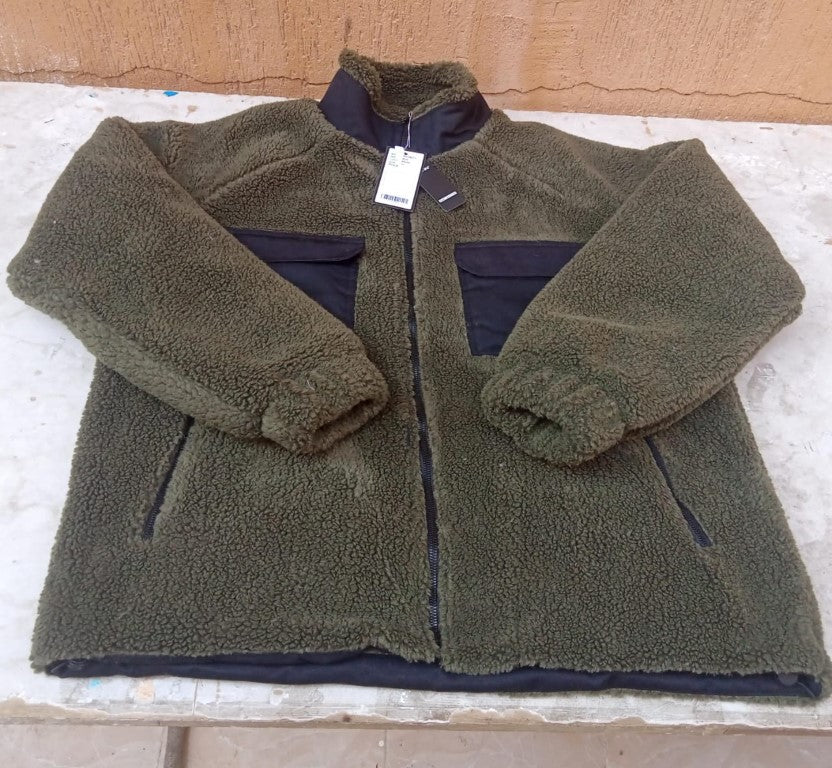 Men's Olive Green Sherpa Fleece Zip-Up Jacket with Contrast Pockets - O174588 - Image 8