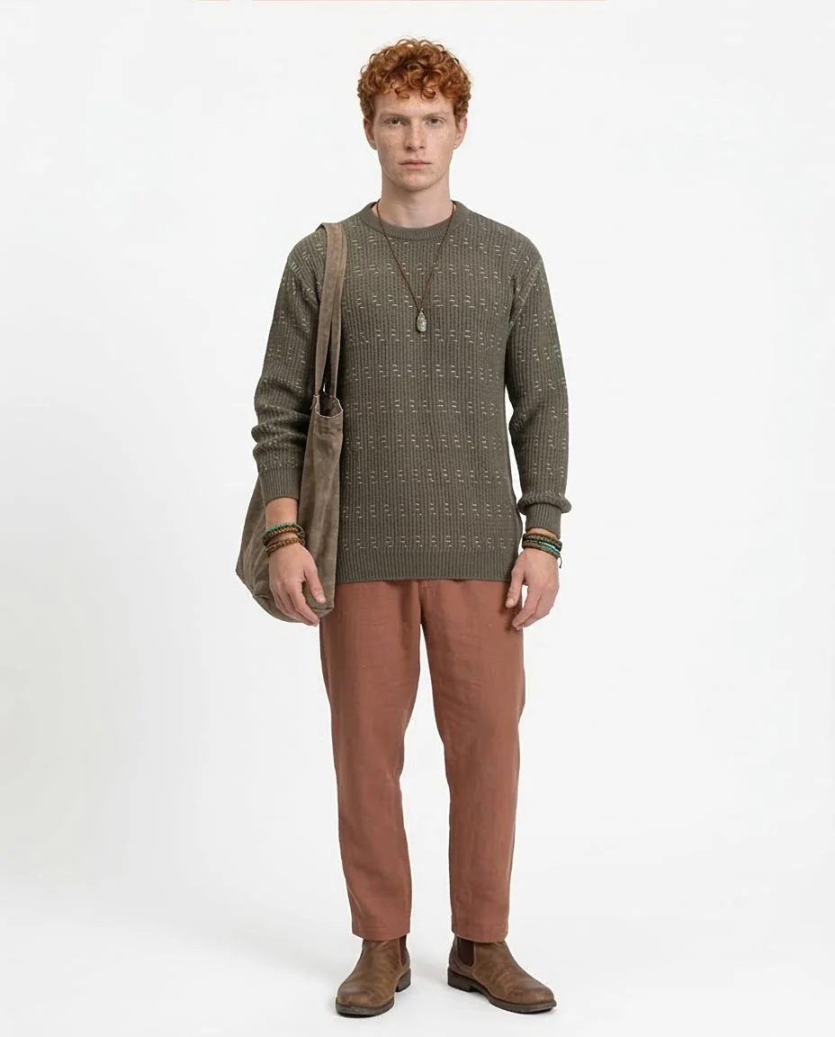 Ravin Men's Olive Textured Ribbed Sweater with Contrast Fleck Detail - R214495 - Image 3