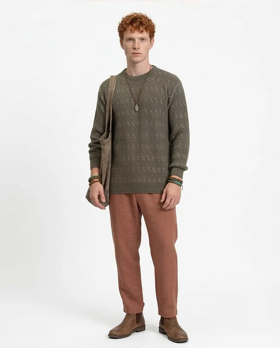 Ravin Men's Olive Textured Ribbed Sweater with Contrast Fleck Detail - R214495 - Image 5