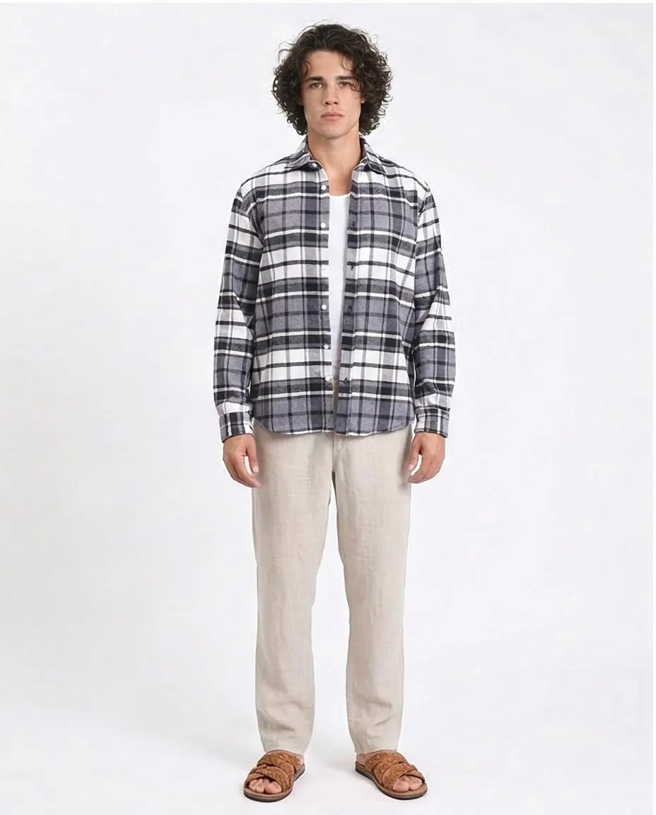 Ravin | Men's Oversized Heavyweight Plaid Flannel Shirt - Grey & White - R213201 - Image 3