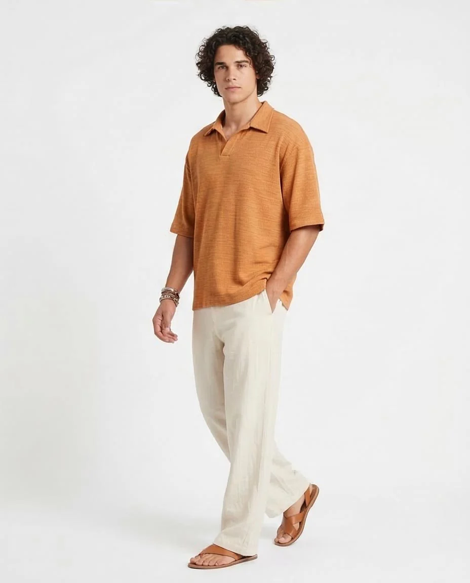 Ravin Men's Oversized Waffle-Knit Polo – Burnt Orange - R205810 - Image 5