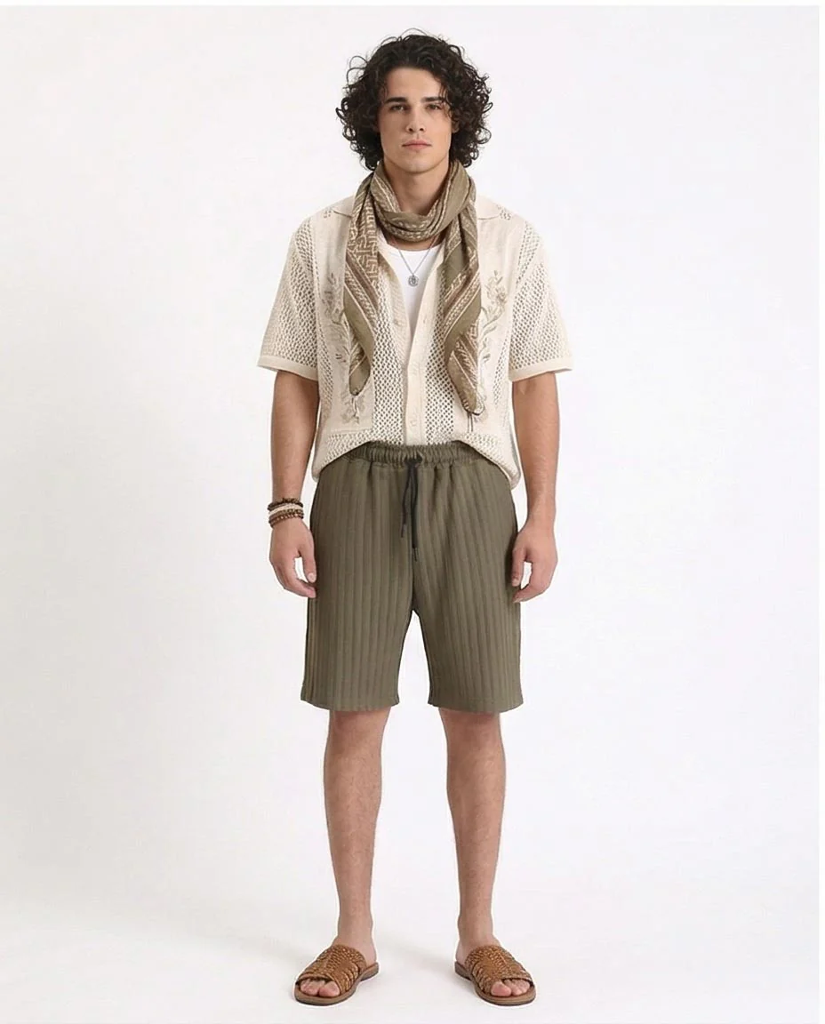 Ravin Men’s Pleated Ribbed Relaxed-Fit Shorts – Olive Green Casual Drawstring Shorts - R212650 - Image 3