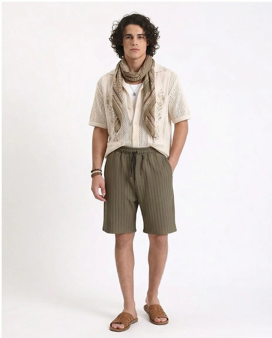 Ravin Men’s Pleated Ribbed Relaxed-Fit Shorts – Olive Green Casual Drawstring Shorts - R212650 - Image 4
