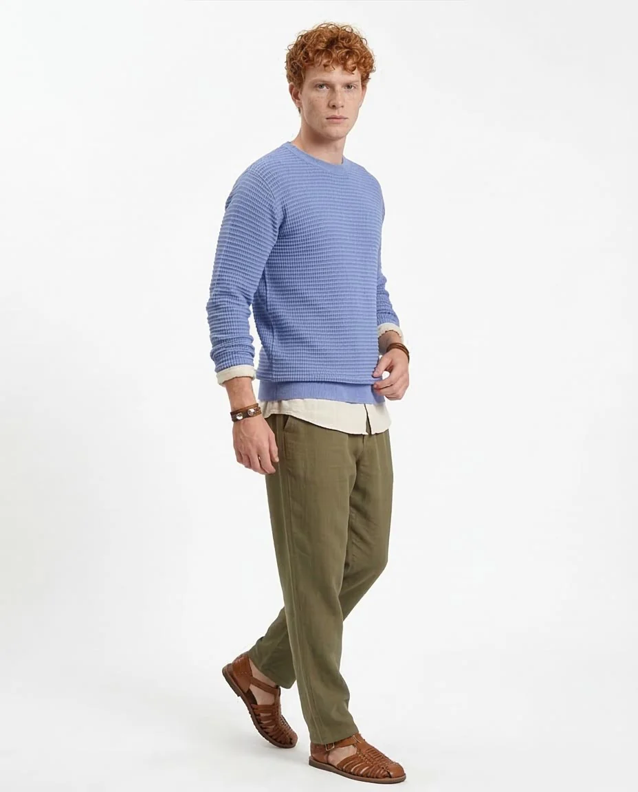 Ravin Men’s Premium Waffle-Knit Cotton Sweater – Periwinkle Blue - R214486 - Image 5