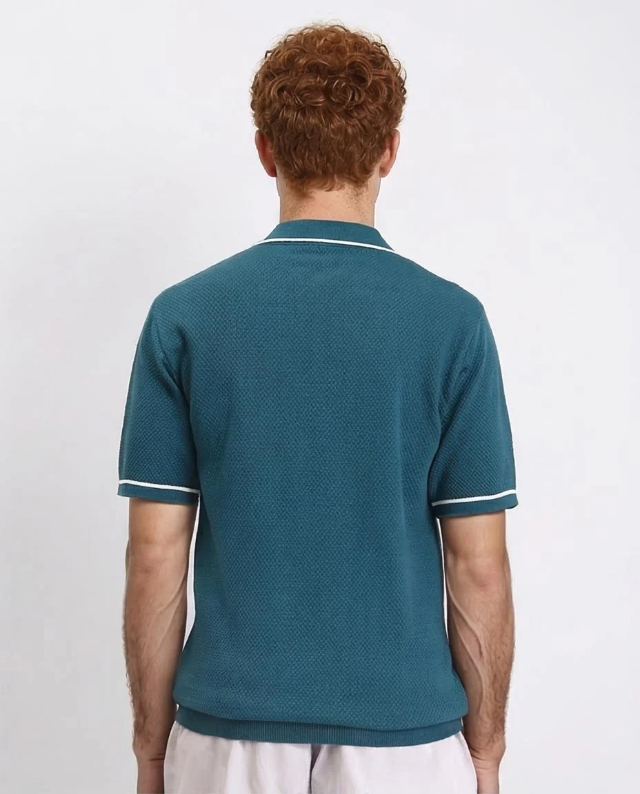Ravin Men’s Quarter-Zip Textured Knit Polo – Petrol Blue with Contrast Tipping - R213034 - Image 2