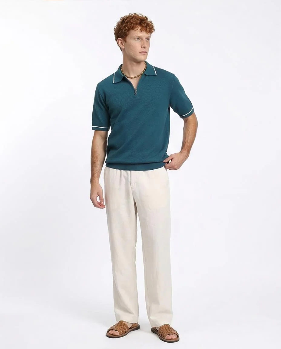 Ravin Men’s Quarter-Zip Textured Knit Polo – Petrol Blue with Contrast Tipping - R213034 - Image 3