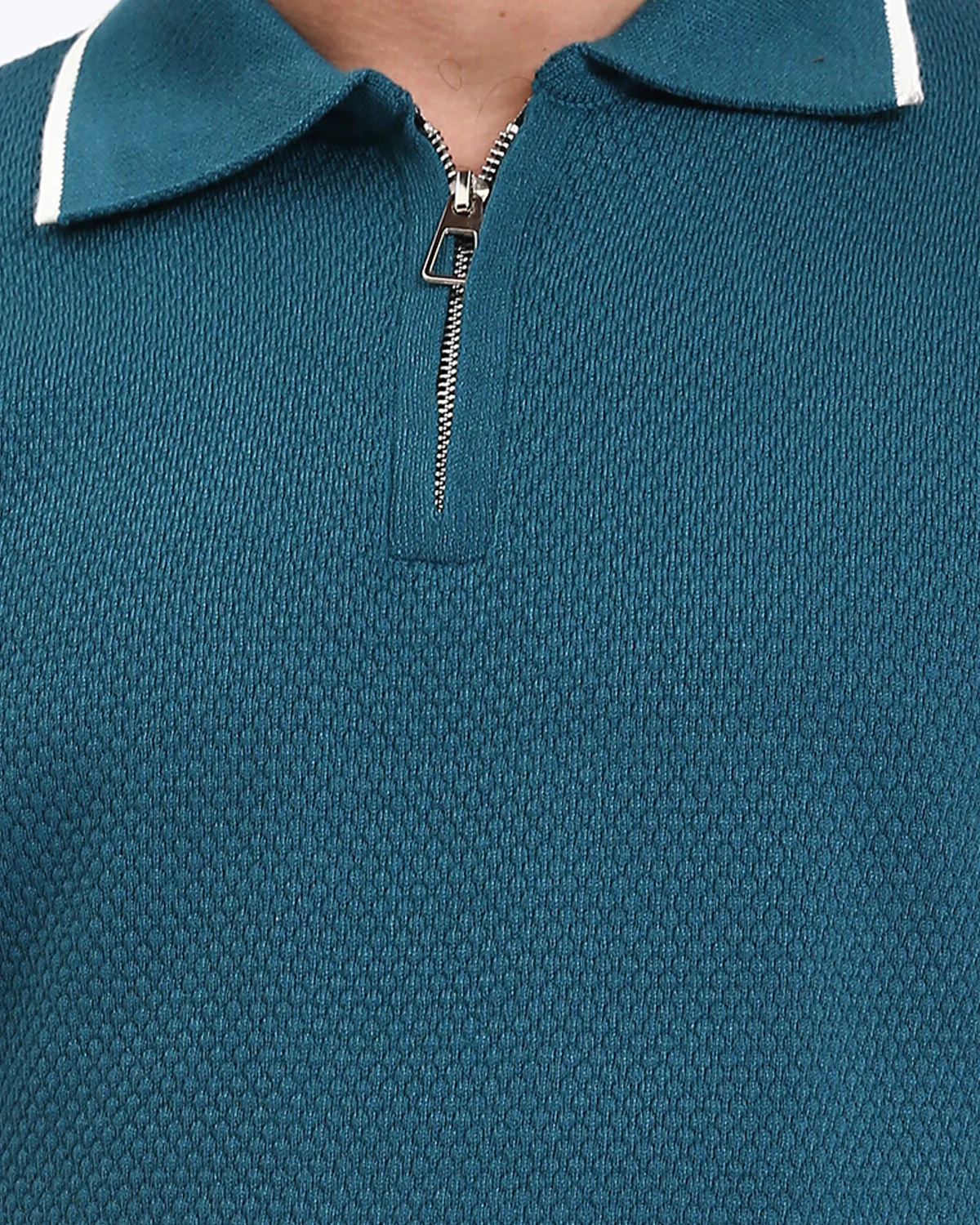 Ravin Men’s Quarter-Zip Textured Knit Polo – Petrol Blue with Contrast Tipping - R213034 - Image 4