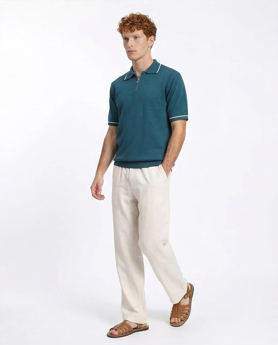 Ravin Men’s Quarter-Zip Textured Knit Polo – Petrol Blue with Contrast Tipping - R213034 - Image 5