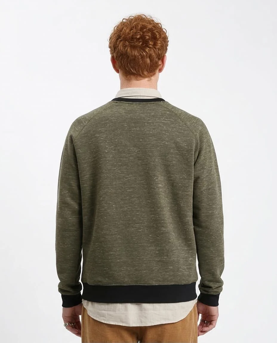 Ravin Men’s Raglan Crewneck Sweatshirt – Olive Marl with Contrast Ribbing - R212104 - Image 2
