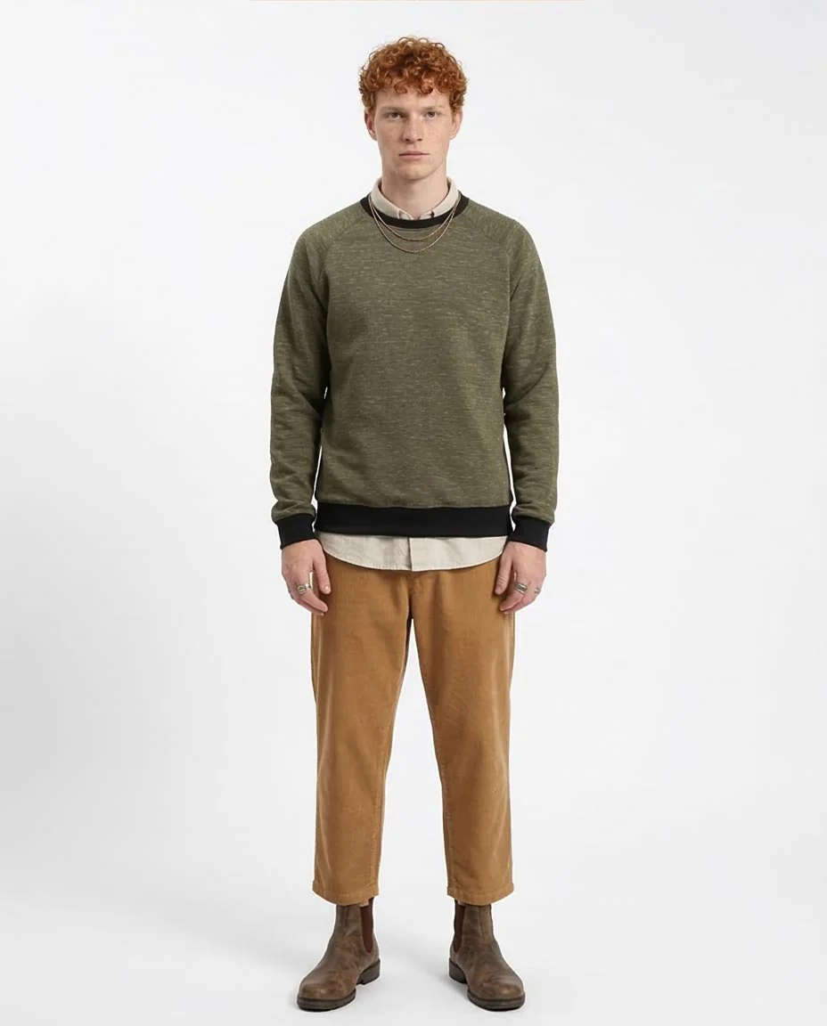 Ravin Men’s Raglan Crewneck Sweatshirt – Olive Marl with Contrast Ribbing - R212104 - Image 3