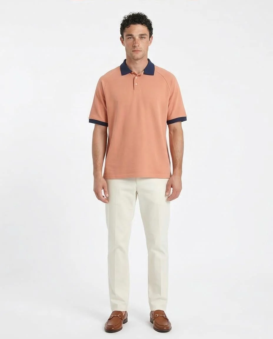 Ravin Men's Raglan Polo Shirt with Contrast Ribbed Collar & Cuffs - Coral/Navy - R212077 - Image 3