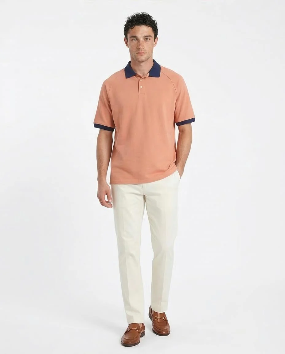 Ravin Men's Raglan Polo Shirt with Contrast Ribbed Collar & Cuffs - Coral/Navy - R212077 - Image 5