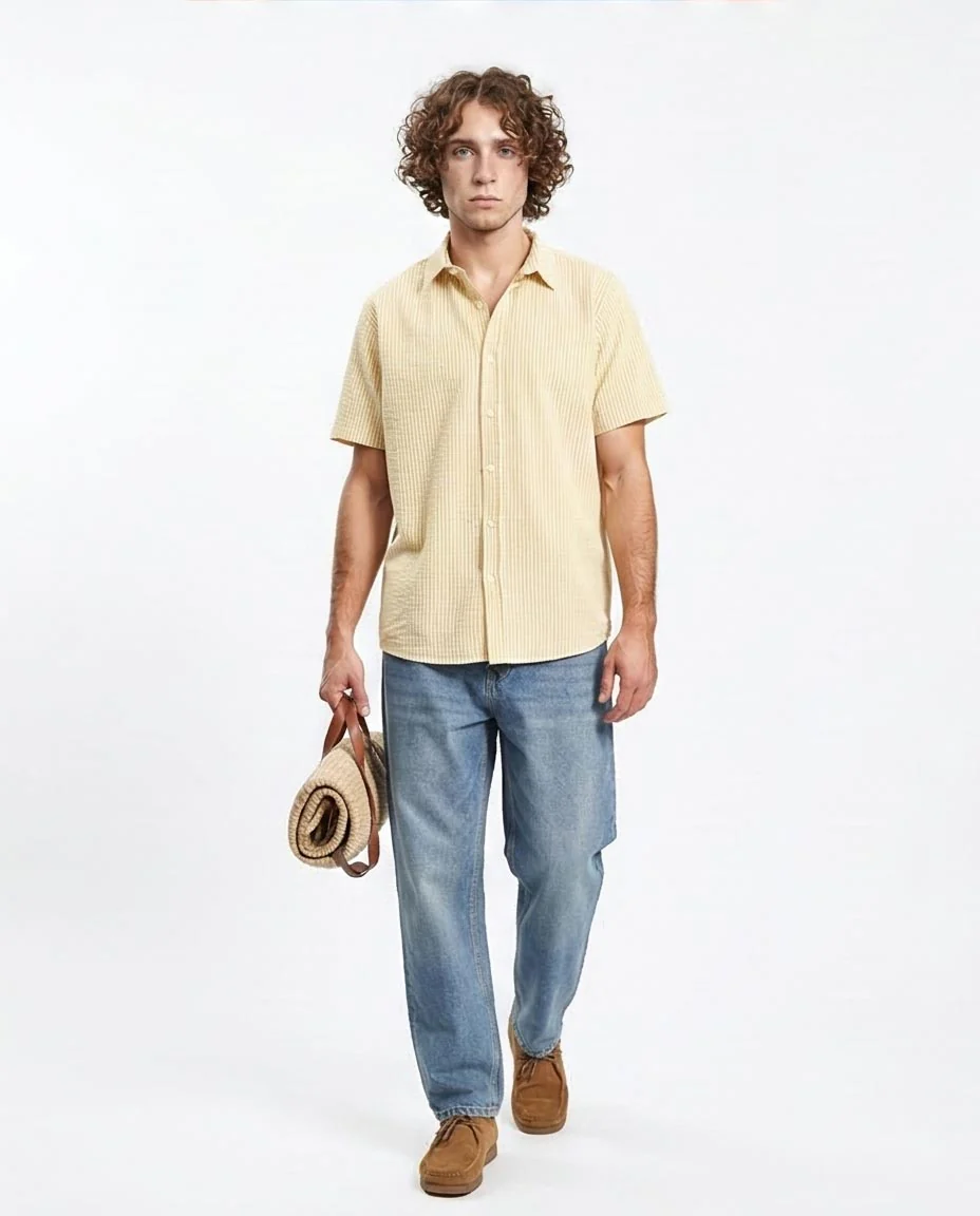 Ravin Men's Relaxed Fit Seersucker Striped Short-Sleeve Shirt - Beige & Goldenrod - R210503 - Image 3