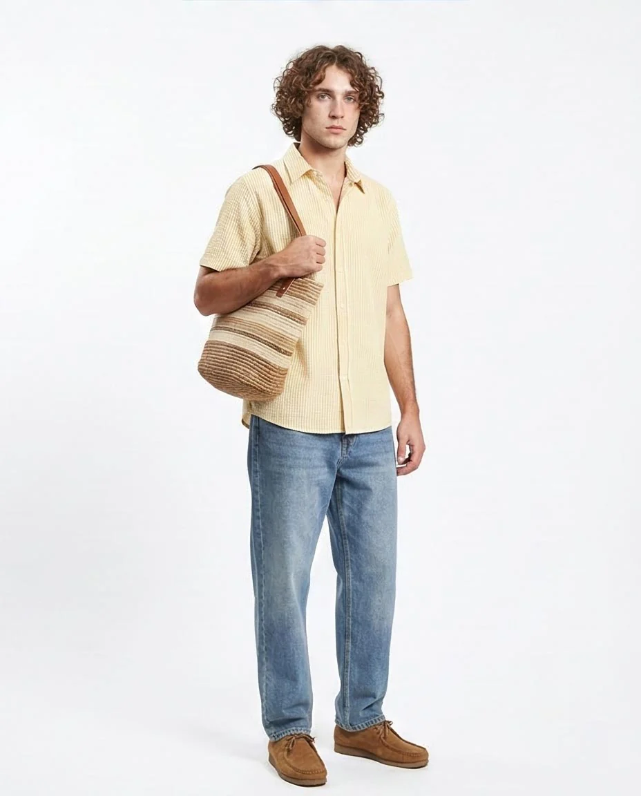 Ravin Men's Relaxed Fit Seersucker Striped Short-Sleeve Shirt - Beige & Goldenrod - R210503 - Image 5