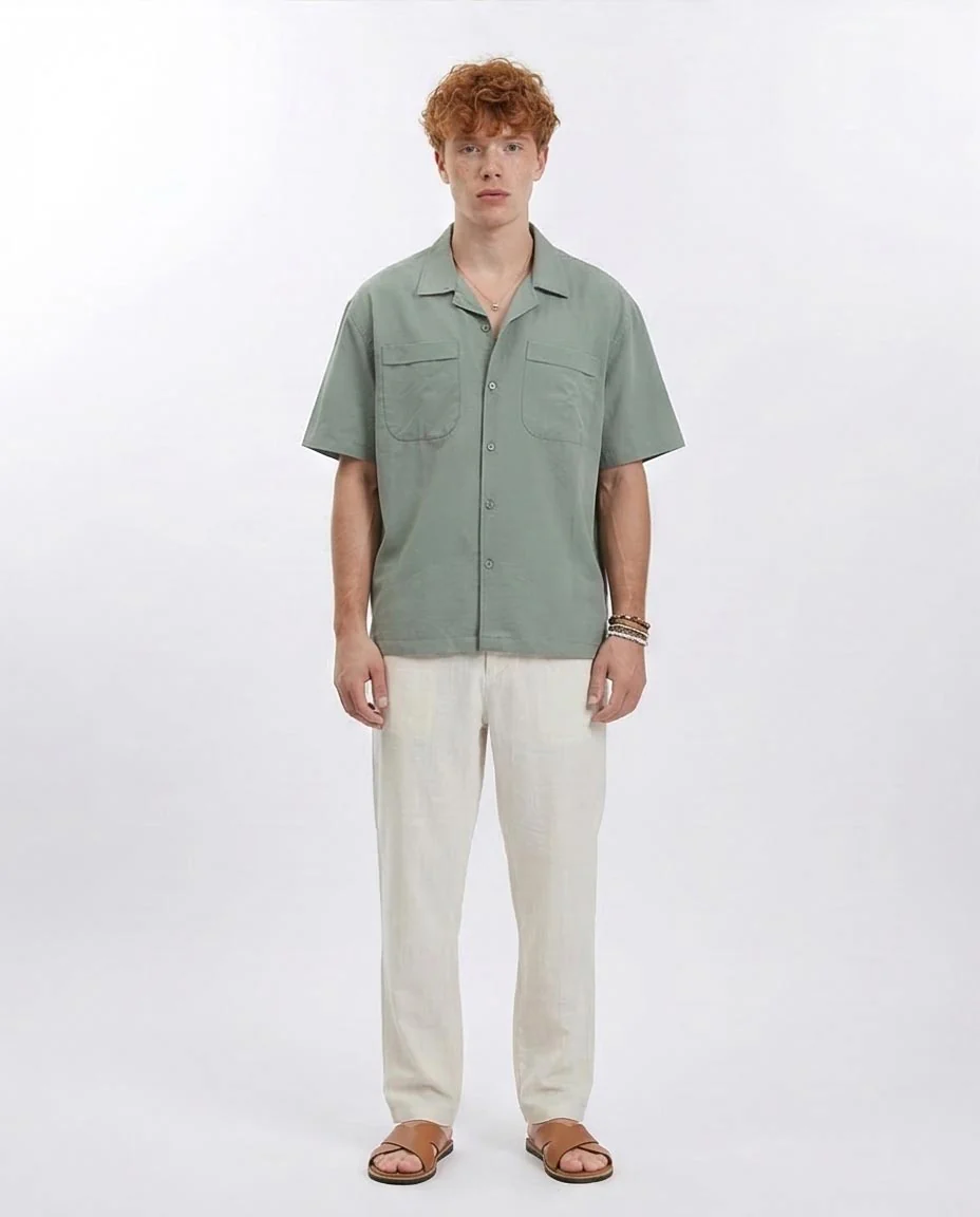 Ravin Men's Sage Green Camp Collar Shirt with Dual Utility Pockets - Olive - R208159 - Image 3