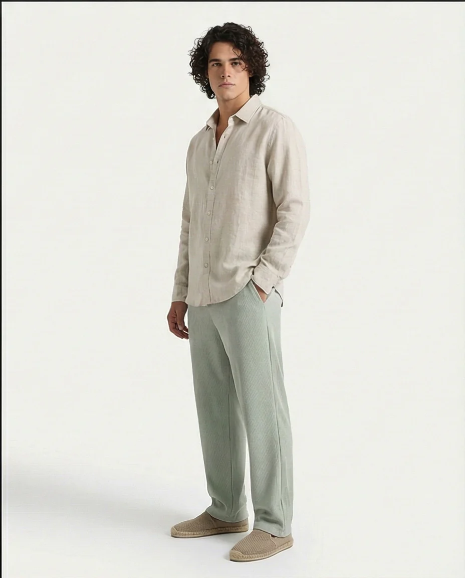 Ravin Men's Sage Green Textured Elastic Waist Trousers - Image 4