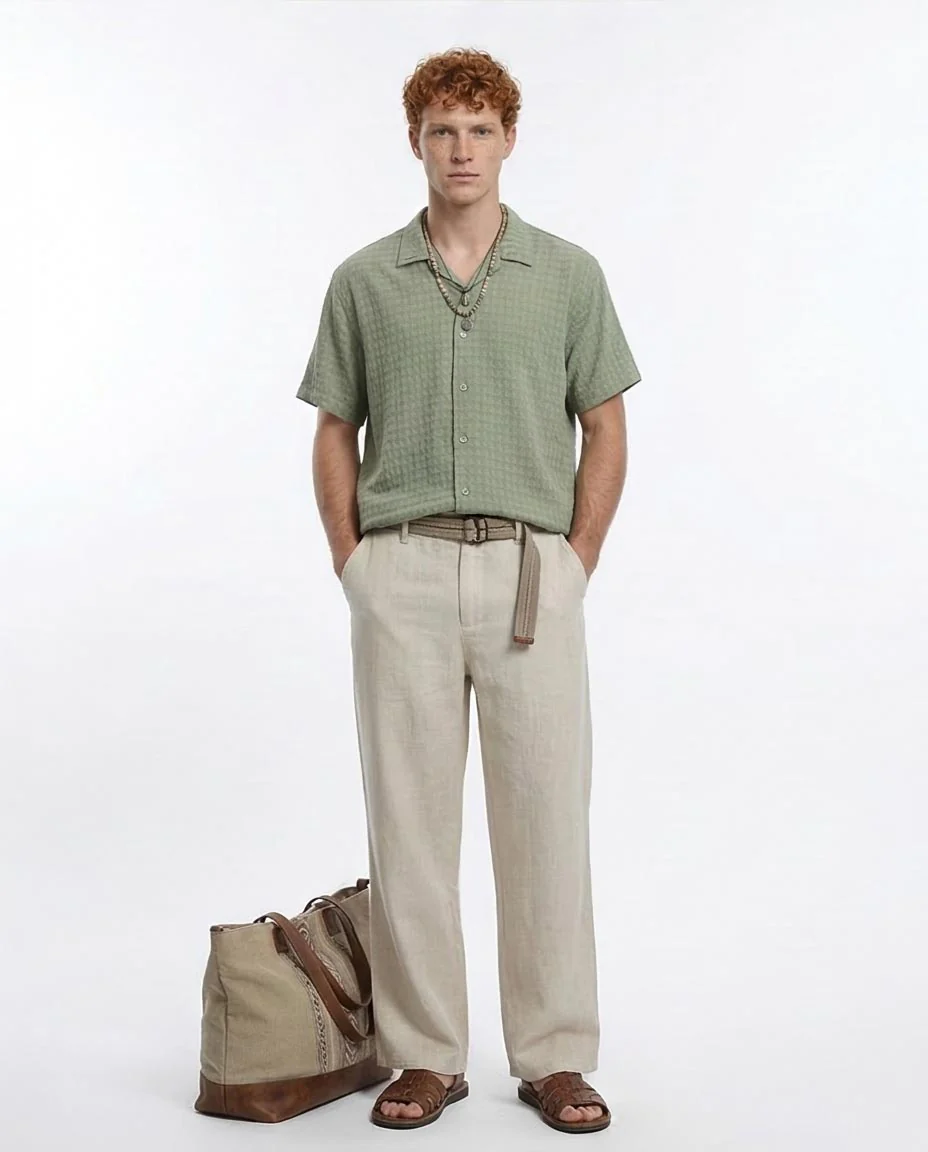 Ravin Men's Sage Green Textured Seersucker Resort Shirt - R210828 - Image 3