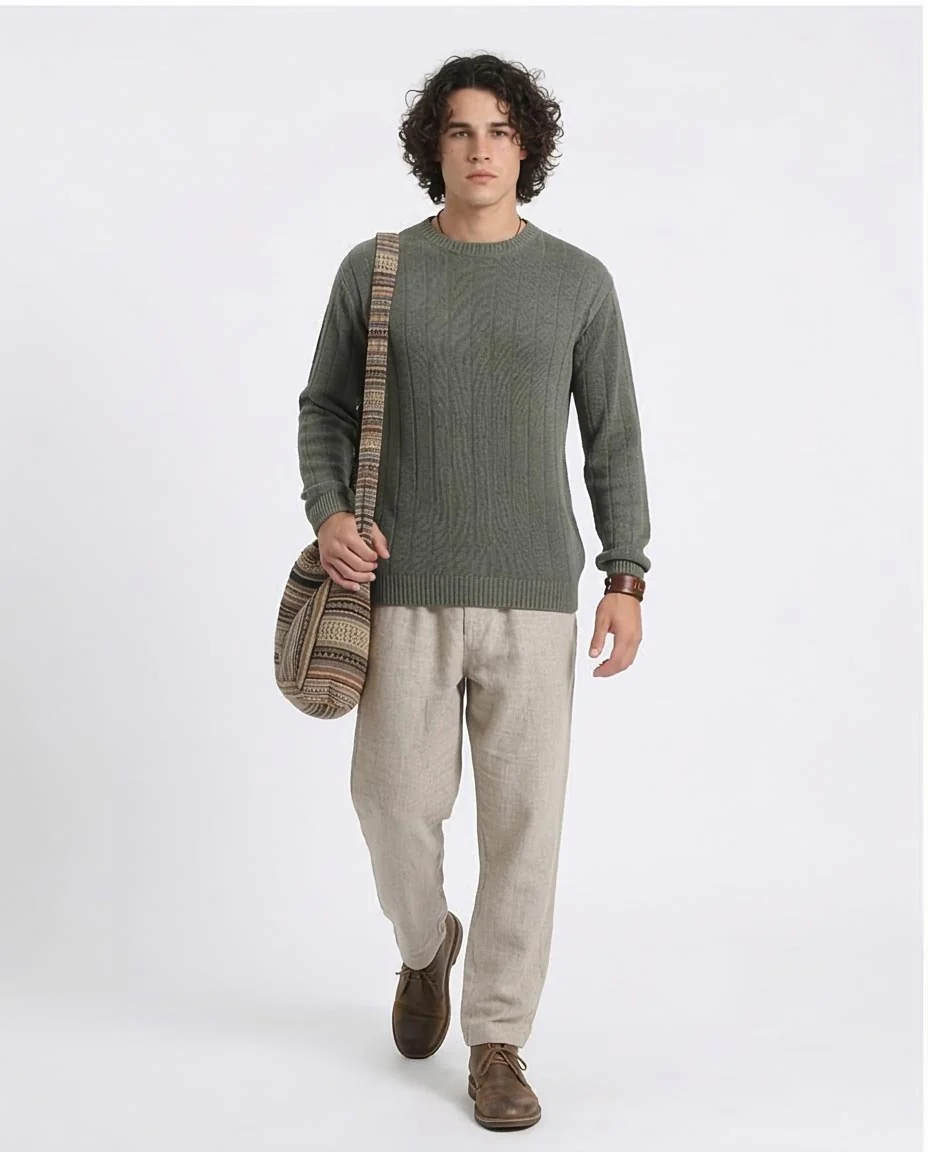 Ravin Men’s Sage Green Vertical Ribbed Knit Crewneck Sweater - R212599 - Image 3