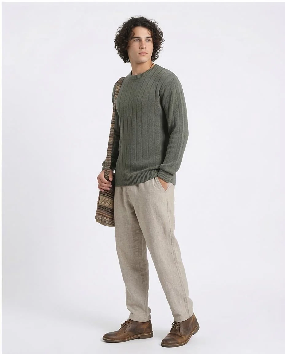 Ravin Men’s Sage Green Vertical Ribbed Knit Crewneck Sweater - R212599 - Image 5