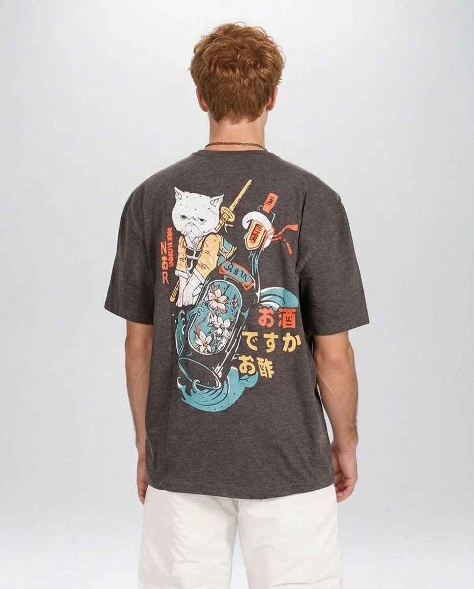 Ravin | Men’s Samurai Cat Graphic Oversized T-Shirt – Charcoal Marl – Charcoal Grey - R204518 - Image 2
