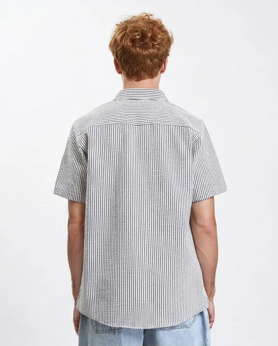 Ravin Men's Seersucker Striped Short Sleeve Shirt - White & Navy Blue - R210502 - Image 2