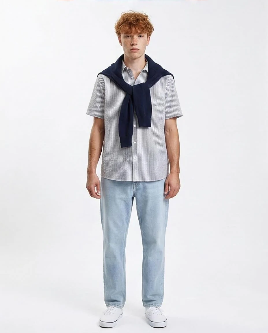 Ravin Men's Seersucker Striped Short Sleeve Shirt - White & Navy Blue - R210502 - Image 3