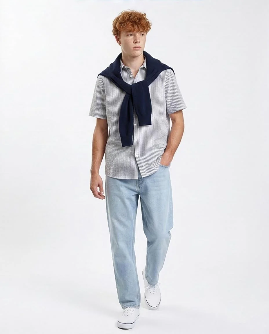 Ravin Men's Seersucker Striped Short Sleeve Shirt - White & Navy Blue - R210502 - Image 5