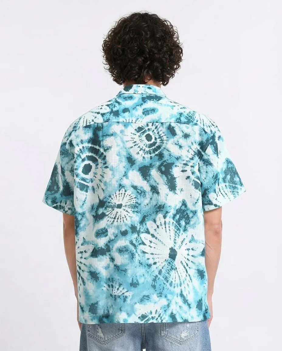 Ravin Men’s Shibori Sunburst Relaxed Camp Collar Shirt – Turquoise/White - R204712 - Image 2