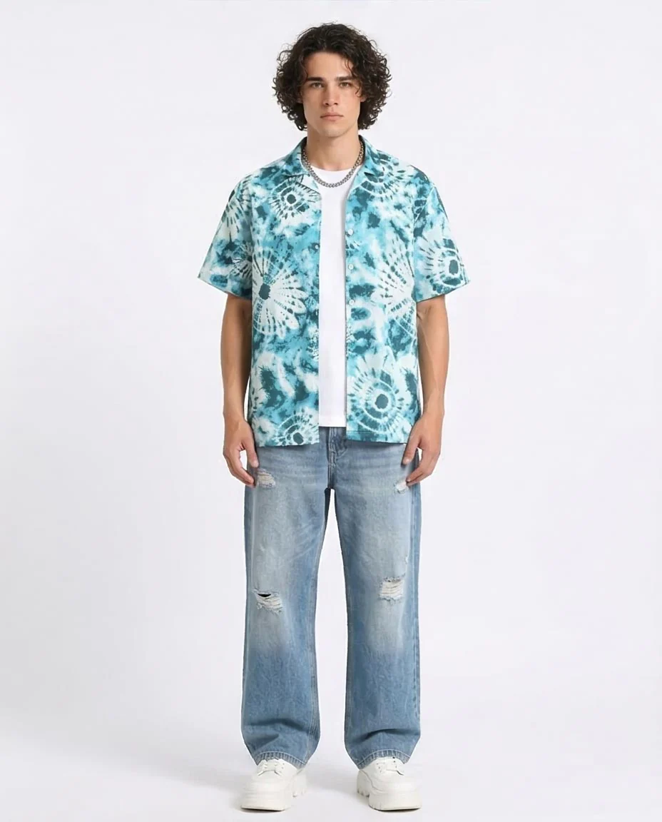 Ravin Men’s Shibori Sunburst Relaxed Camp Collar Shirt – Turquoise/White - R204712 - Image 3