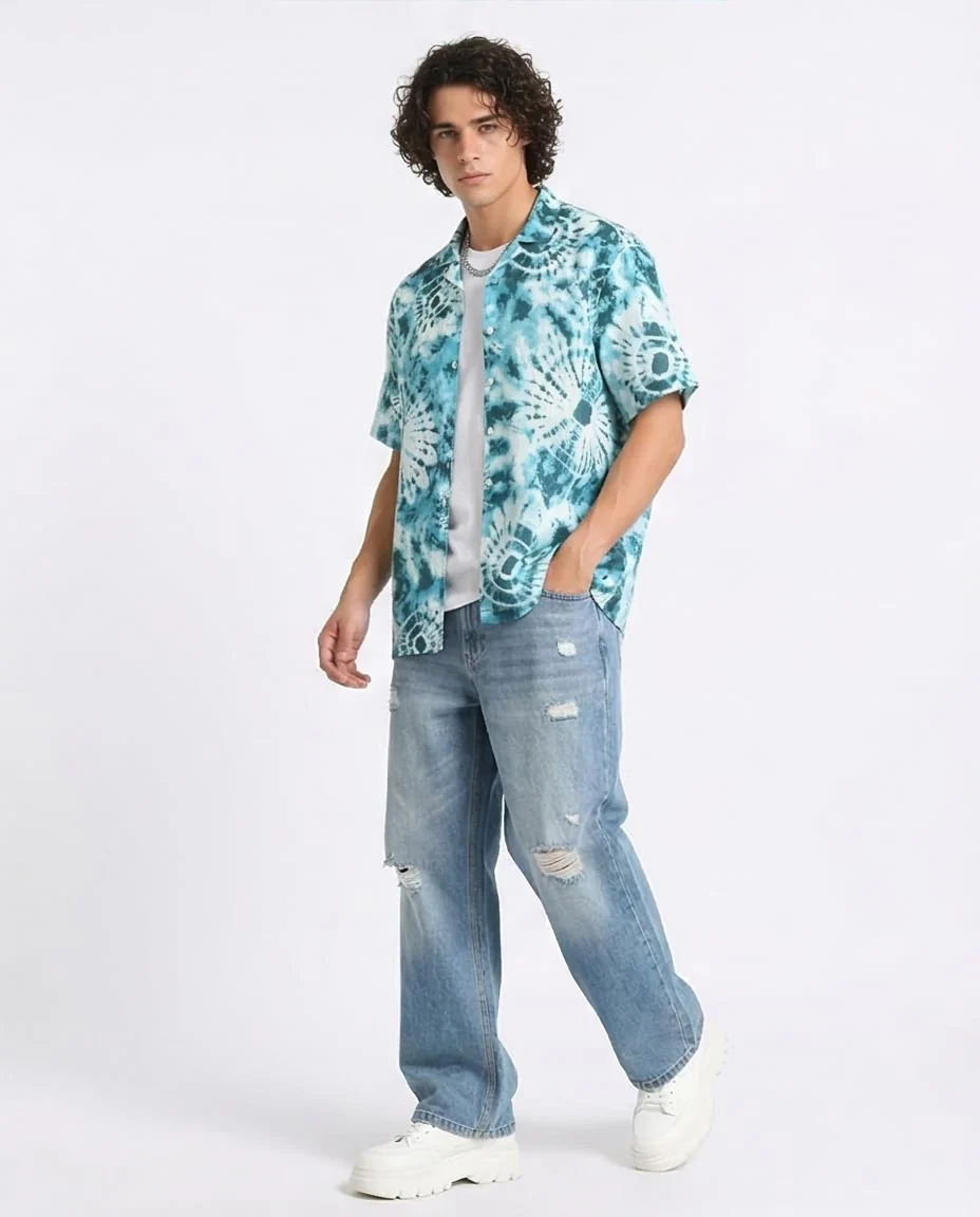 Ravin Men’s Shibori Sunburst Relaxed Camp Collar Shirt – Turquoise/White - R204712 - Image 5