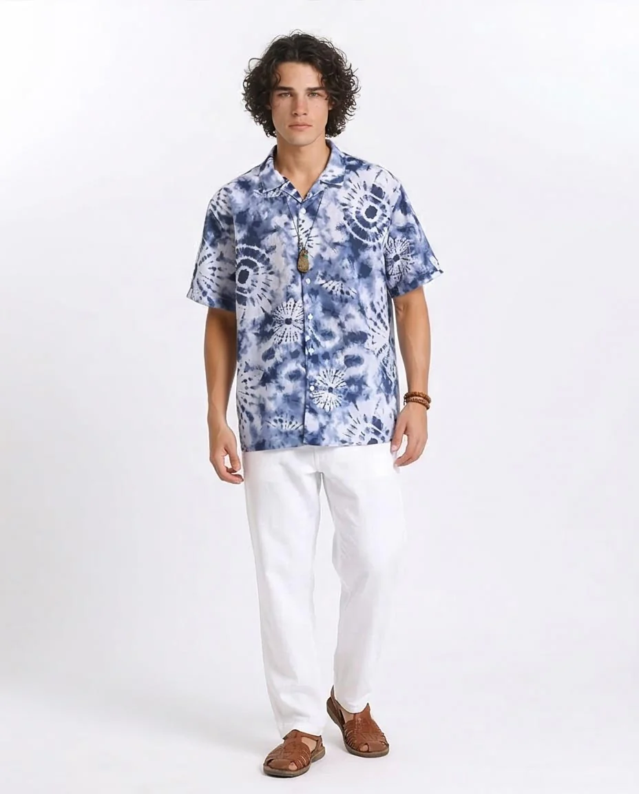 RAVIN Men’s Shibori Sunburst Relaxed Fit Camp Collar Shirt – Indigo Tie-Dye - R204706 - Image 3