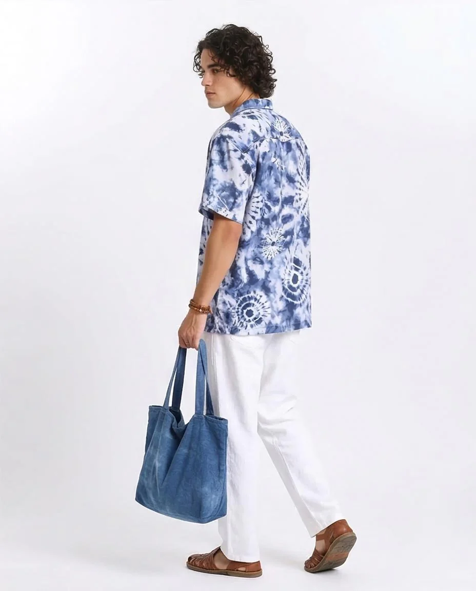 RAVIN Men’s Shibori Sunburst Relaxed Fit Camp Collar Shirt – Indigo Tie-Dye - R204706 - Image 5