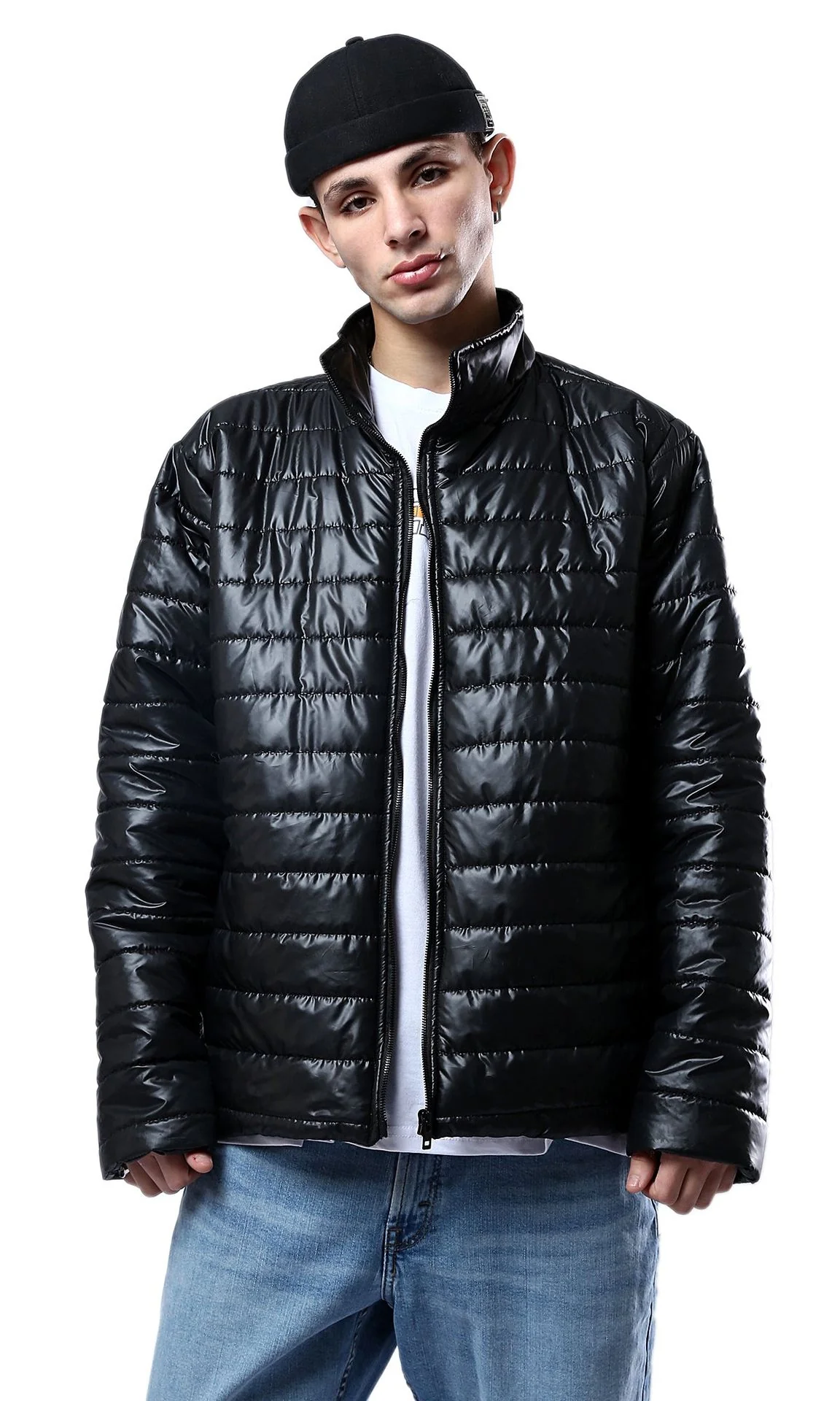 Men's High-Shine Quilted Puffer Jacket in Black - O178466 - Image 15
