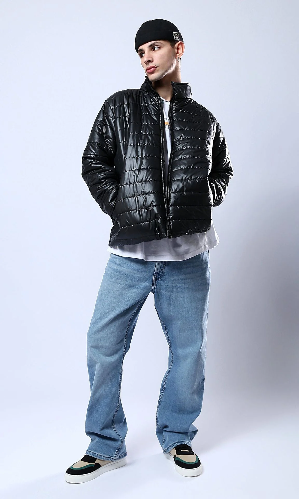 Men's High-Shine Quilted Puffer Jacket in Black - O178466 - Image 6