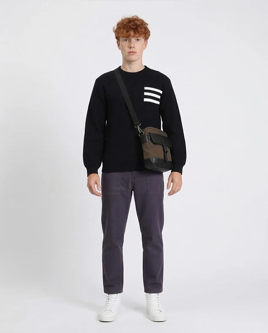 Ravin Men’s Signature Triple-Stripe Textured Knit Sweater - Black - R214477 - Image 3