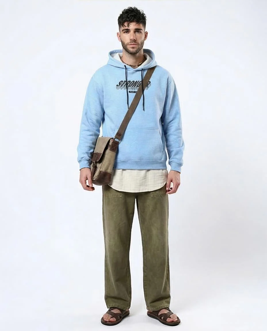 Men's Sky Blue Graphic Print Drawstring Hoodie - O179375 - Image 3