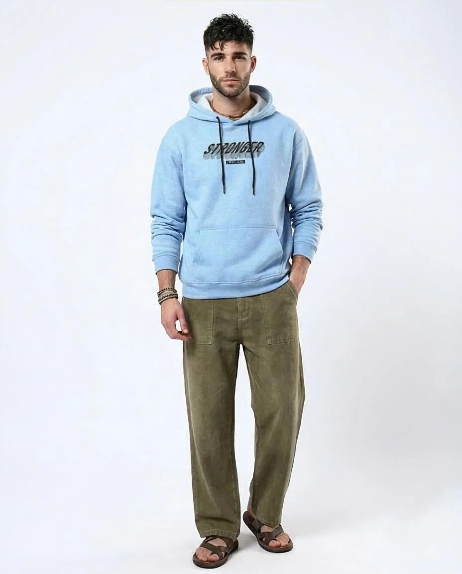 Men's Sky Blue Graphic Print Drawstring Hoodie - O179375 - Image 5